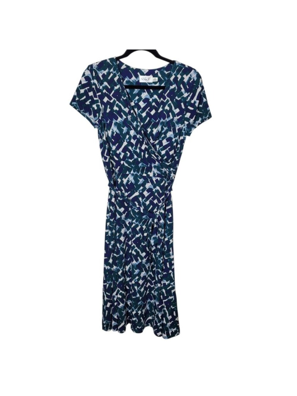 Eliza J. Short Sleeve Faux Wrap A-Line Midi Dress Brushstroke Print Sz 10